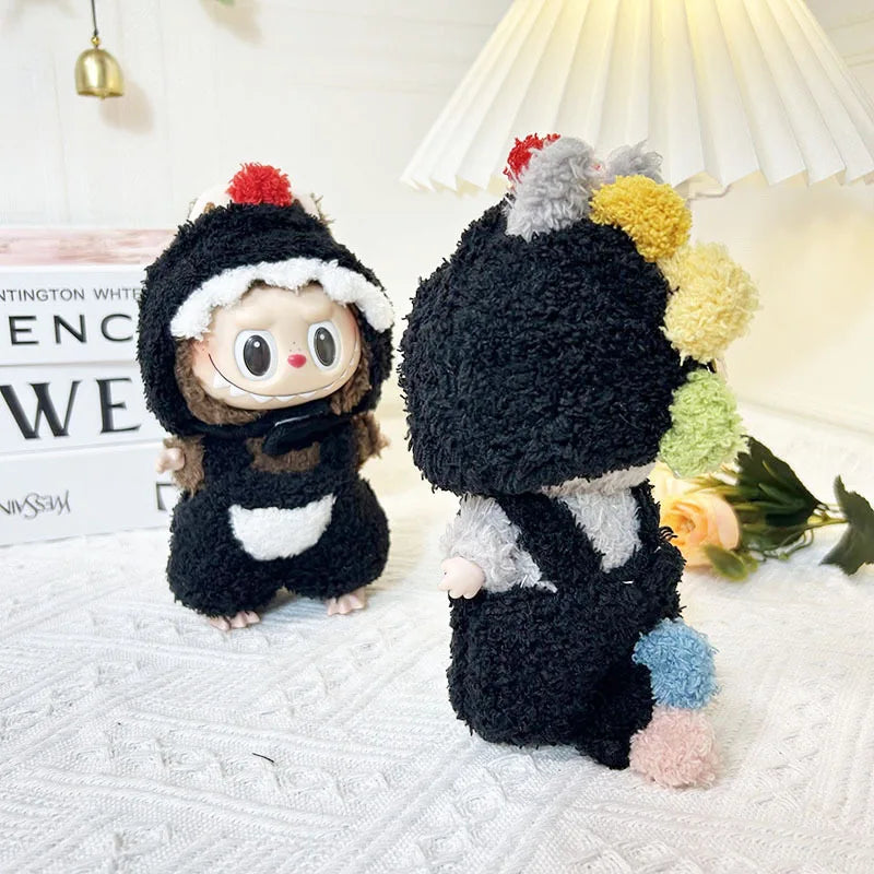 Handmade black sherpa dinosaur costume with red pom pom spines for Labubu