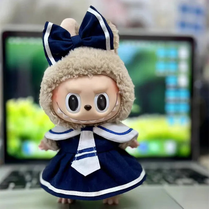 Sailor Dress Outfit on 17cm plush doll: navy blue sailor dress with white stripe accents, matching sailor collar with whit...