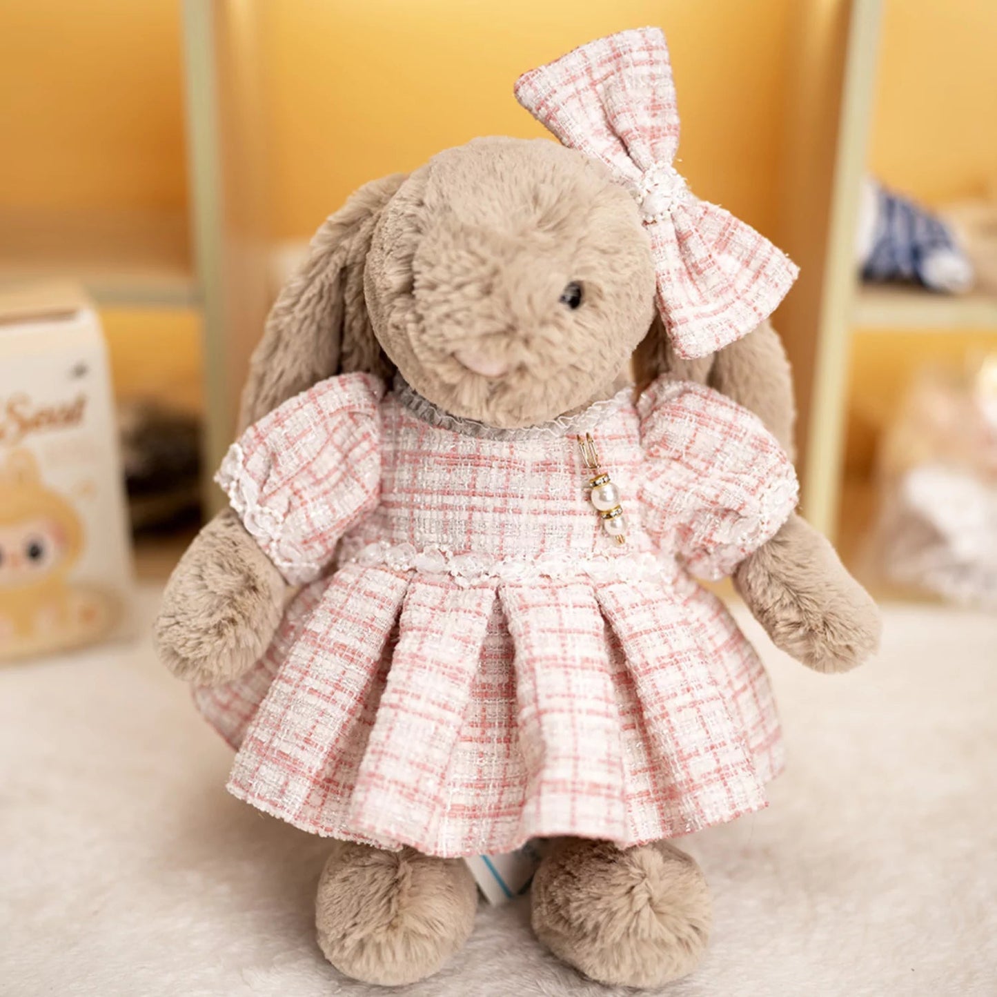 Pink Plaid Tweed Dress on 31cm plush rabbit: pink plaid tweed dress with structured puffy sleeves, matching oversized pink...