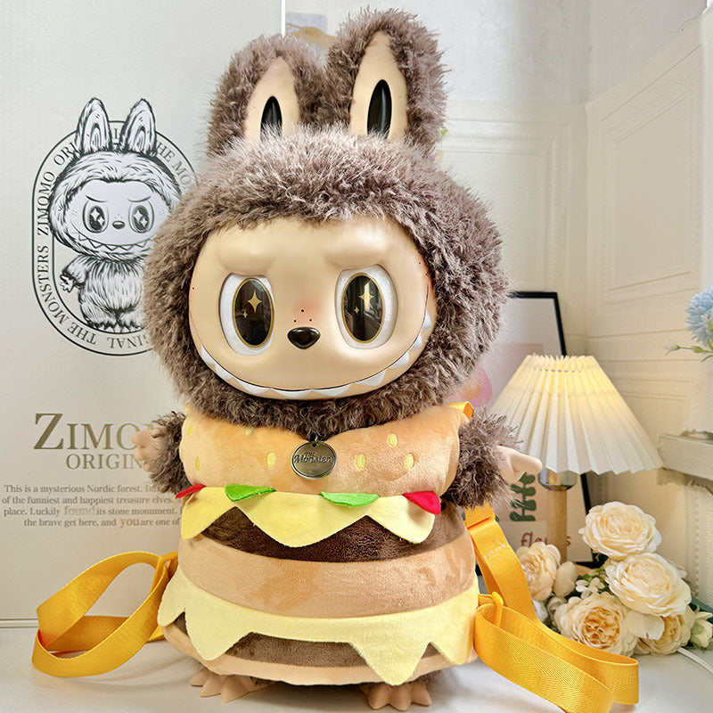 Hamburger Plush Costume on 58cm plush doll: full hamburger body costume with layered burger details, plush sesame seed bun...