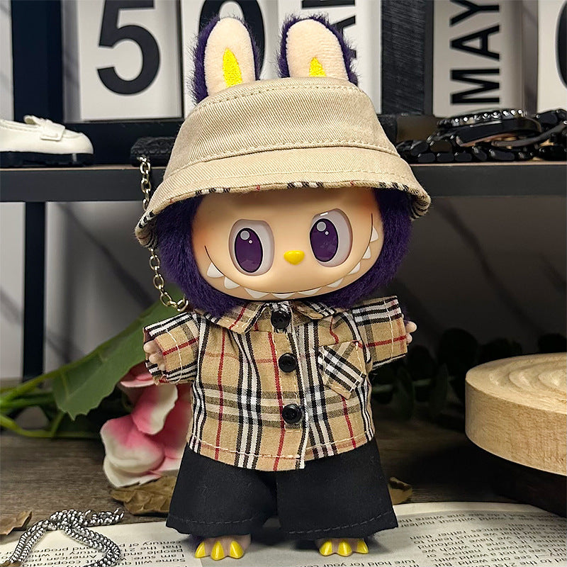Classic Plaid Outfit on 17cm plush doll: classic beige plaid button-up shirt with black buttons, black shorts.