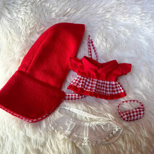 Little Riding Dress on 17cm plush doll: vibrant red felt hooded cape with beautiful drape and full coverage, red dress wit...