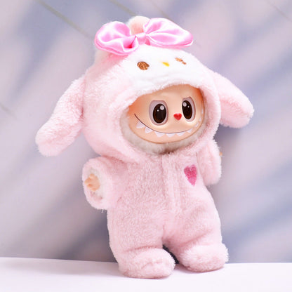 Pink Bunny Hoodie on 17cm plush doll: pink plush bunny hoodie onesie with floppy ears, satin bow, and embroidered heart, 1...