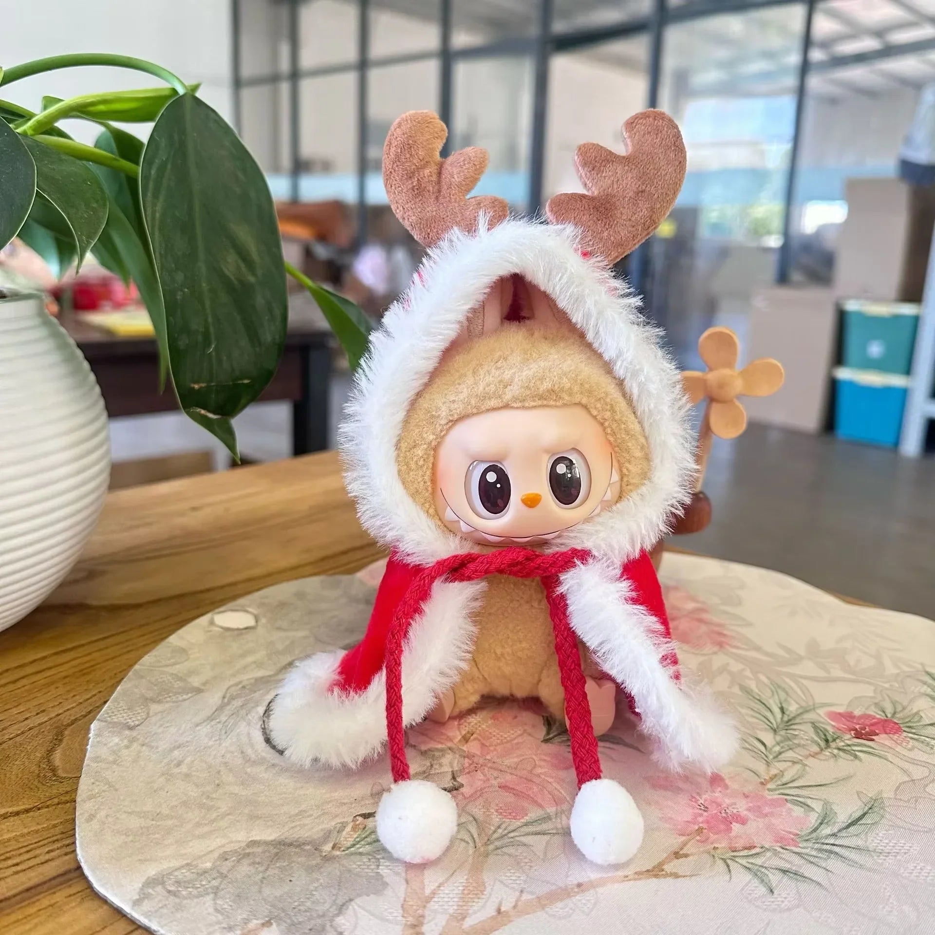 Christmas Reindeer Cape on 17cm plush doll: red hooded cape with white faux fur trim, pair of brown felt reindeer antlers...