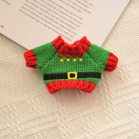Elf Christmas Knit Sweater on 17cm plush doll: hand-knitted elf christmas sweater, colors: green body, red collar/cuffs/he...