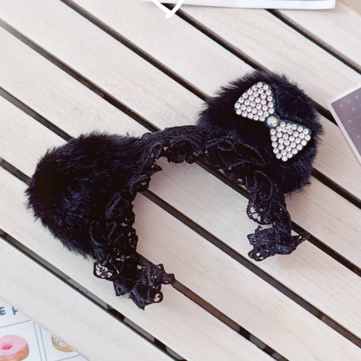Furry Lace Headband on 17cm plush doll: black faux fur headband, black lace ruffle trim.