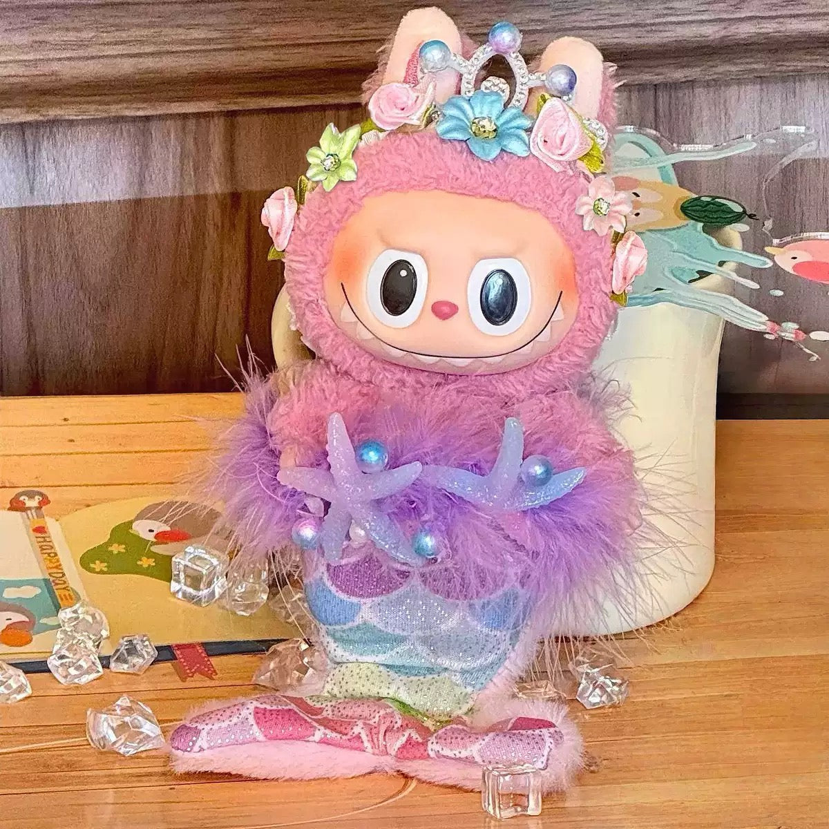 Mermaid Princess Outfit on 17cm plush doll: iridescent pink-blue mermaid tail with scale pattern, purple marabou feather b...