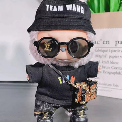Handmade all black celebrity-inspired streetwear outfit for Labubu - bucket hat, sunglasses, and crossbody bag