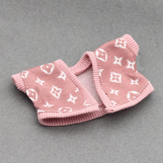 Pink Monogram Knit Sweater on 17cm plush doll: mini pink monogram-pattern knit sweater, fashion-forward 17cm plush doll co...