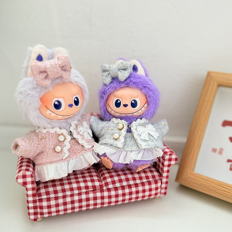 Handmade pink tweed bow outfit set for Labubu - top skirt and hair bow with pearl buttons