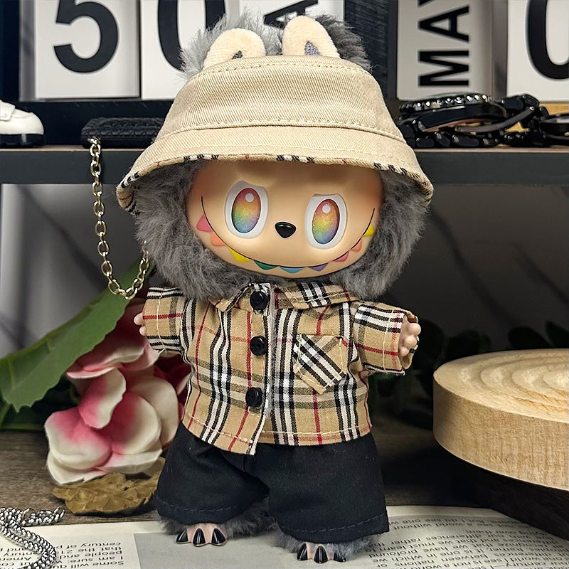 Handmade beige plaid streetwear outfit for Labubu - button-up shirt with bucket hat and black shorts