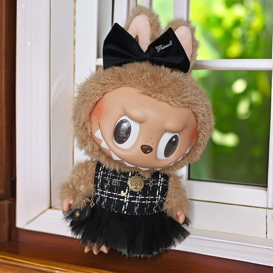 Elegant Black Tweed Dress on 17cm plush doll: black-and-white tweed bodice dress with gold chain detail and emblem brooch...