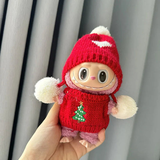 Red Knit Christmas Beanie on 17cm plush doll: red knit beanie hat with white heart detail, red knit sweater with embroider...