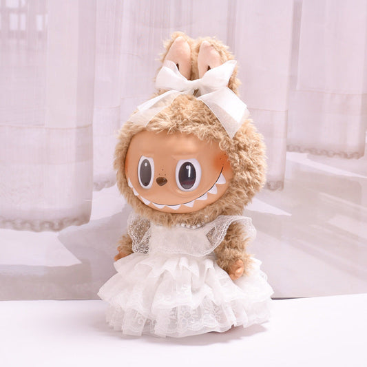 Lace Princess Dress on 38cm plush doll: white lace tiered wedding dress with fitted bodice, pearl-accent necklace detail a...