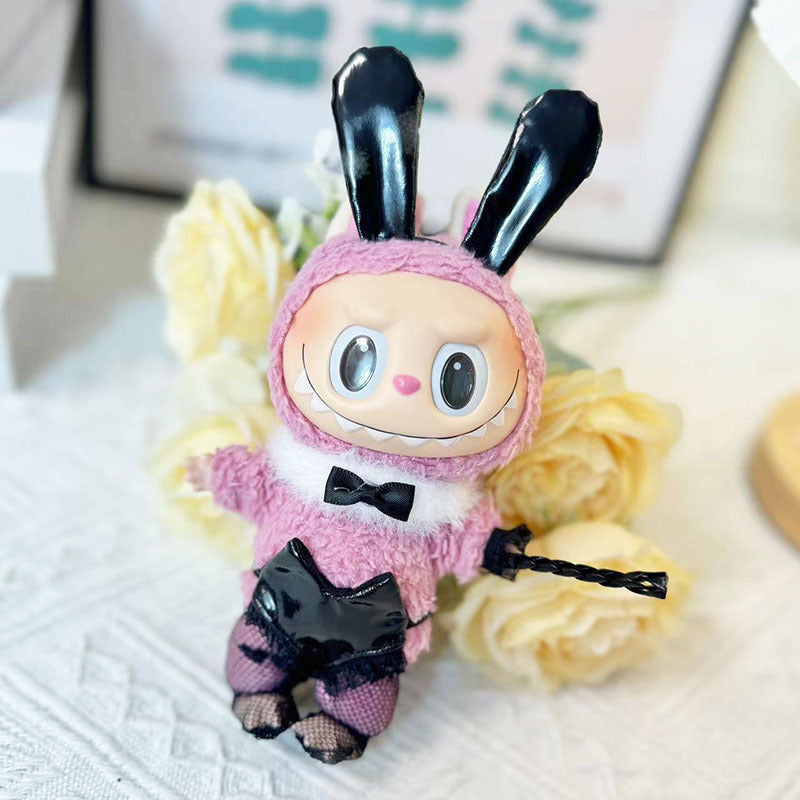 Handmade black bunny girl costume set for Labubu - with ears and fishnets
