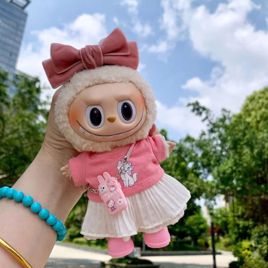 Pink Sweater on 17cm plush doll: pink sweater top with printed bunny character design, white tulle tutu skirt with layered...