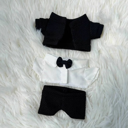 Wedding Tuxedo on 17cm plush doll: white dress shirt with black bow tie, black textured blazer.