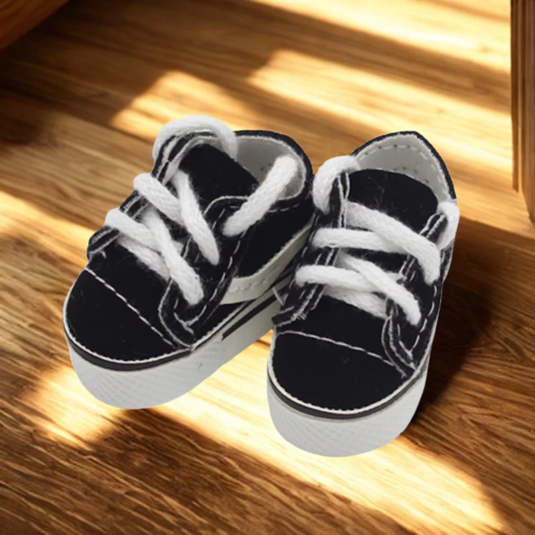 Canvas Lace-Up Sneakers on 17cm plush doll: pair of mini black canvas sneakers with white laces (left and right shoe), cas...