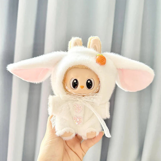 Fluffy Bunny Costume on 17cm plush doll: full-body white fluffy bunny onesie with hood, floppy bunny ears with pink inner...