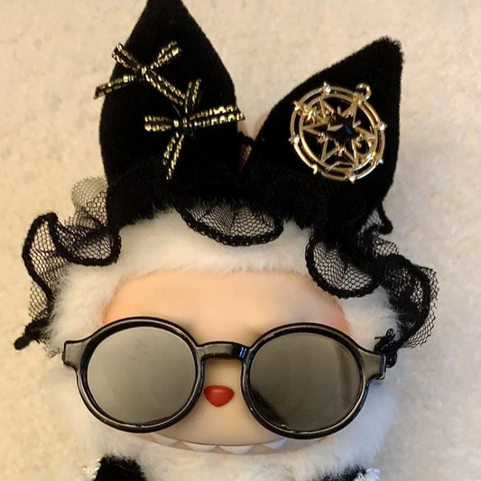 Gothic Witch Accessory on 17cm plush doll: black velvet cat ear headpiece with gold pentagram and cross charms, black lace...