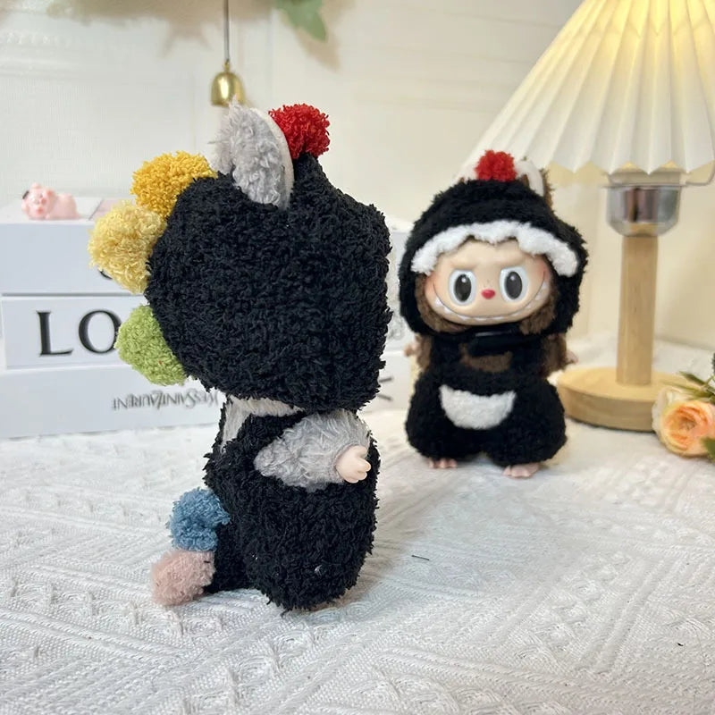 Handmade black sherpa dinosaur costume with red pom pom spines for Labubu