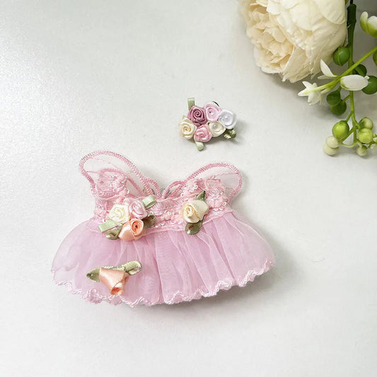 Pink Floral Princess Dress on 17cm plush doll: pink tulle princess dress with lace bodice, handmade satin rosette embellis...