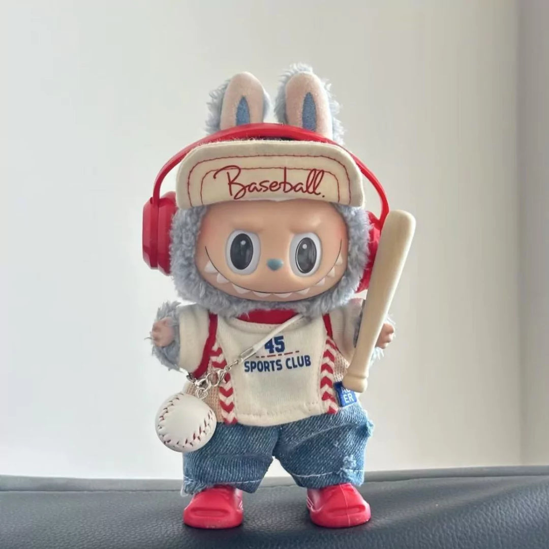 Vintage Baseball Outfit on 17cm plush doll: cream jersey top with red sports lettering, denim jeans.