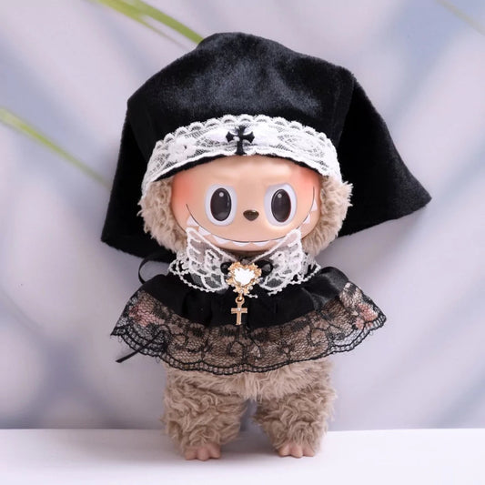 Gothic Nun-Inspired Outfit on 17cm plush doll: black velvet nun veil with white lace trim and cross embroidery, black lace...