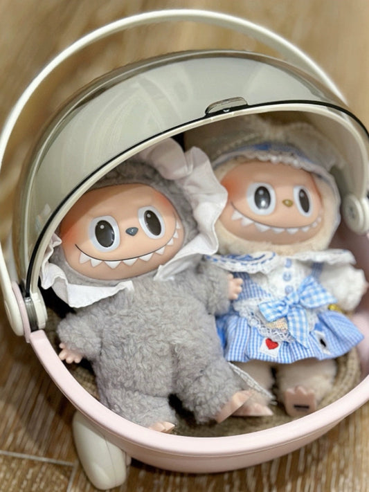 Laminated Cradle Accessory on 17cm plush doll: mini laminated cradle car in pink and cream colorway, clear transparent dom...