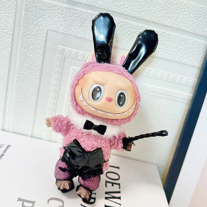 Handmade black bunny girl costume set for Labubu - with ears and fishnets