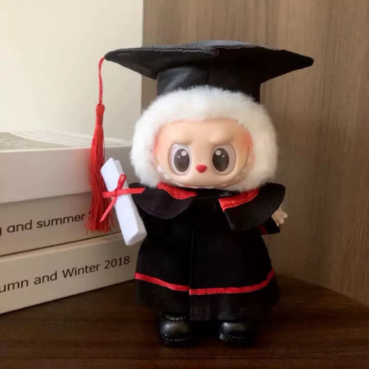 Graduation Cap Outfit on 17cm plush doll: black faux-leather graduation cap with red tassel, black graduation gown with re...