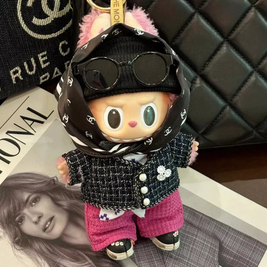 Black Tweed Jacket Outfit on 17cm plush doll: black tweed jacket with white accent buttons, hot pink knit pants.