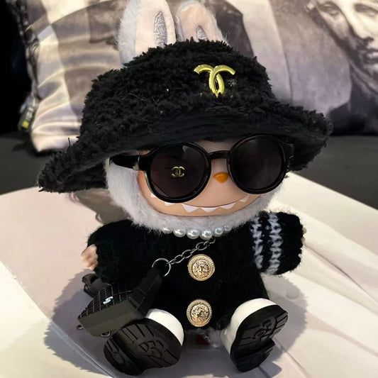 Handmade Luxury-Inspired Black Fuzzy Bucket Hat & Knit Cardigan Outfit