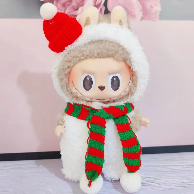 Christmas Snowman Outfit on 17cm plush doll: white fluffy plush snowman bodysuit with hood, miniature reindeer antlers on...
