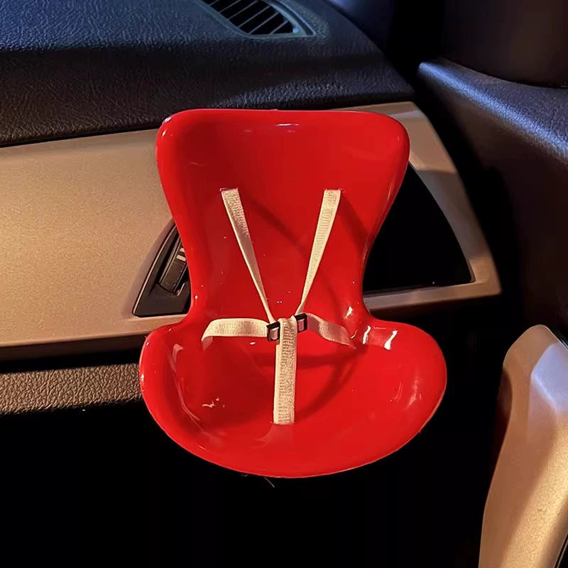 Car Travel Accessory on 17cm plush doll: mini red car seat with molded base and ergonomic curve, beige seatbelt strap with...