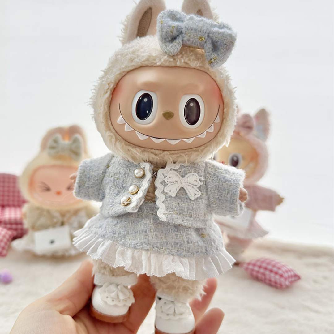 Light Blue Tweed Outfit on 17cm plush doll: light blue tweed jacket with pearl buttons and white lace bow, white lace-trim...