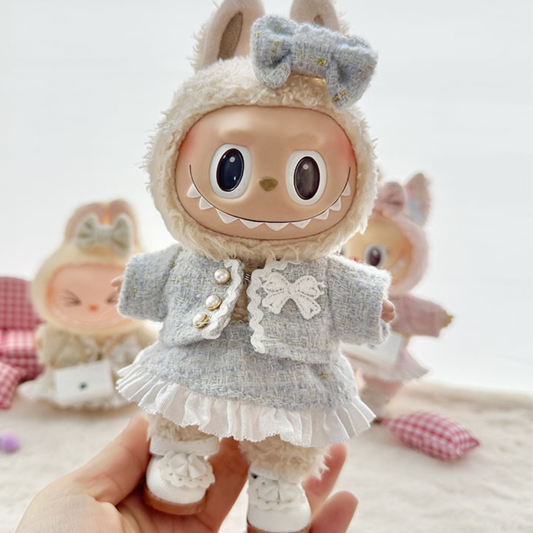 Light Blue Tweed Outfit on 17cm plush doll: light blue tweed jacket with pearl buttons and white lace bow, white lace-trim...