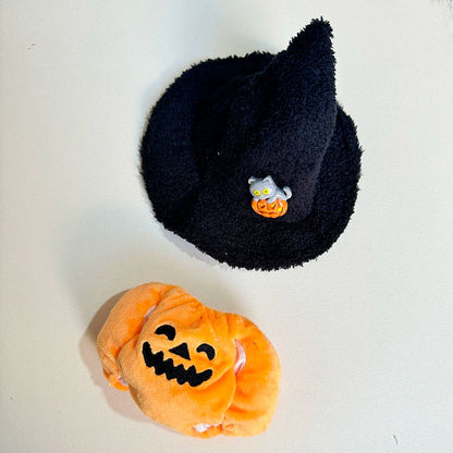 Handmade orange pumpkin witch Halloween outfit for Labubu - with black fuzzy witch hat