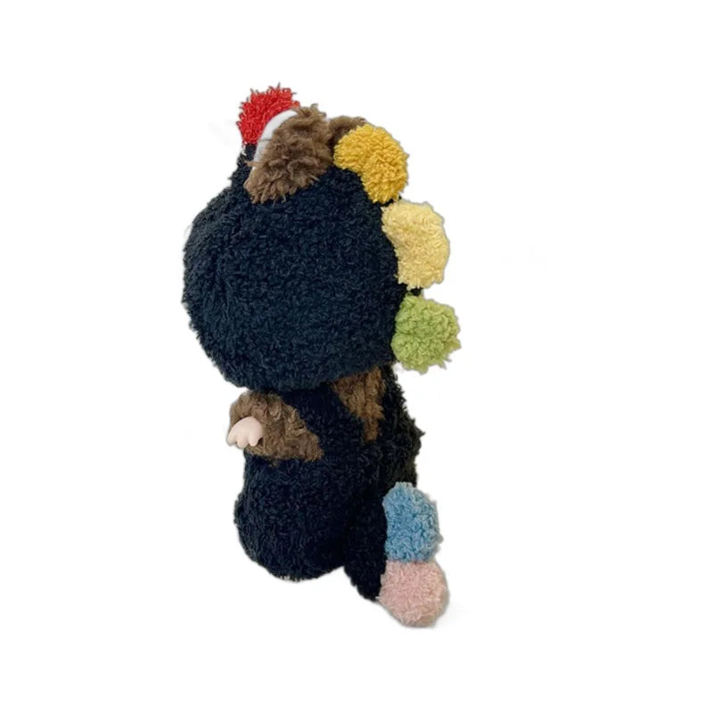 Handmade black sherpa dinosaur costume with red pom pom spines for Labubu