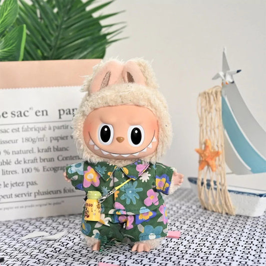 Hawaiian Tropical Outfit on 17cm plush doll: dark green hawaiian floral print button-up shirt, matching tropical-print sho...