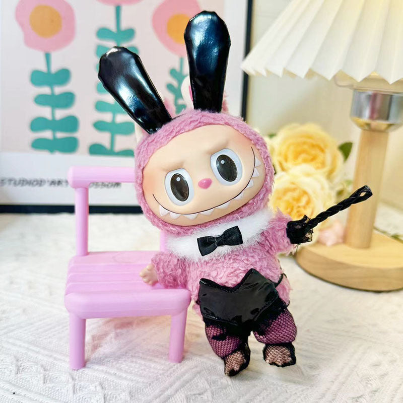 Bunny Girl Costume on 17cm plush doll: black faux-leather corset bodysuit with white pom-pom tail, glossy black bunny ear...