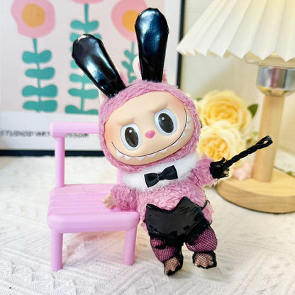 Bunny Girl Costume on 17cm plush doll: black faux-leather corset bodysuit with white pom-pom tail, glossy black bunny ear...