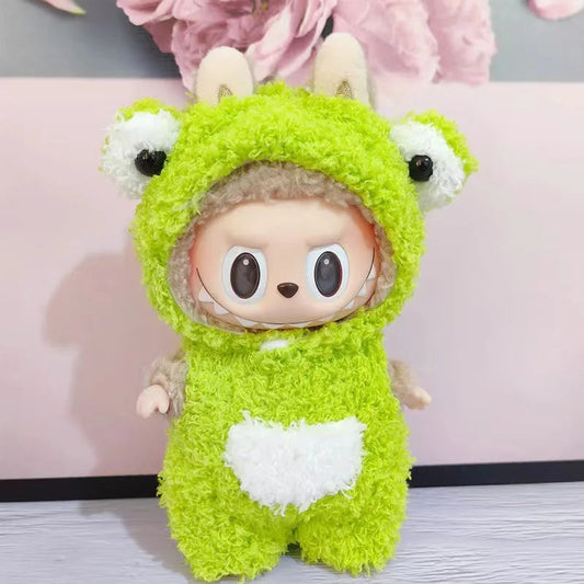 Fuzzy Frog Costume on 17cm plush doll: full-body lime green fuzzy frog onesie with hood, frog face hood with protruding bl...