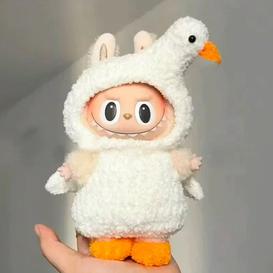 Fluffy Duck Costume on 17cm plush doll: full-body white fluffy duck onesie, attached duck head hood with orange beak and b...