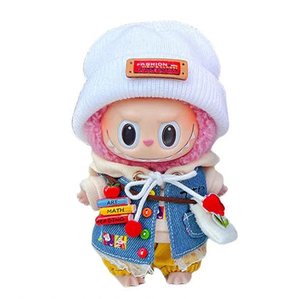 Handmade denim vest market day outfit for Labubu - layered look with patches and beanie