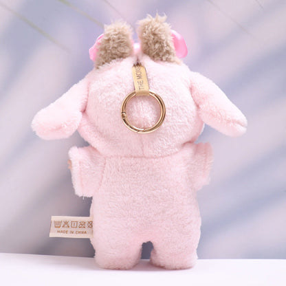 Handmade pink plush bunny hoodie onesie for Labubu - with floppy ears and satin bow