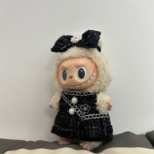 Elegant Black Tweed Dress on 17cm plush doll: black tweed sleeveless dress with pearl and floral accents, pearl chain neck...