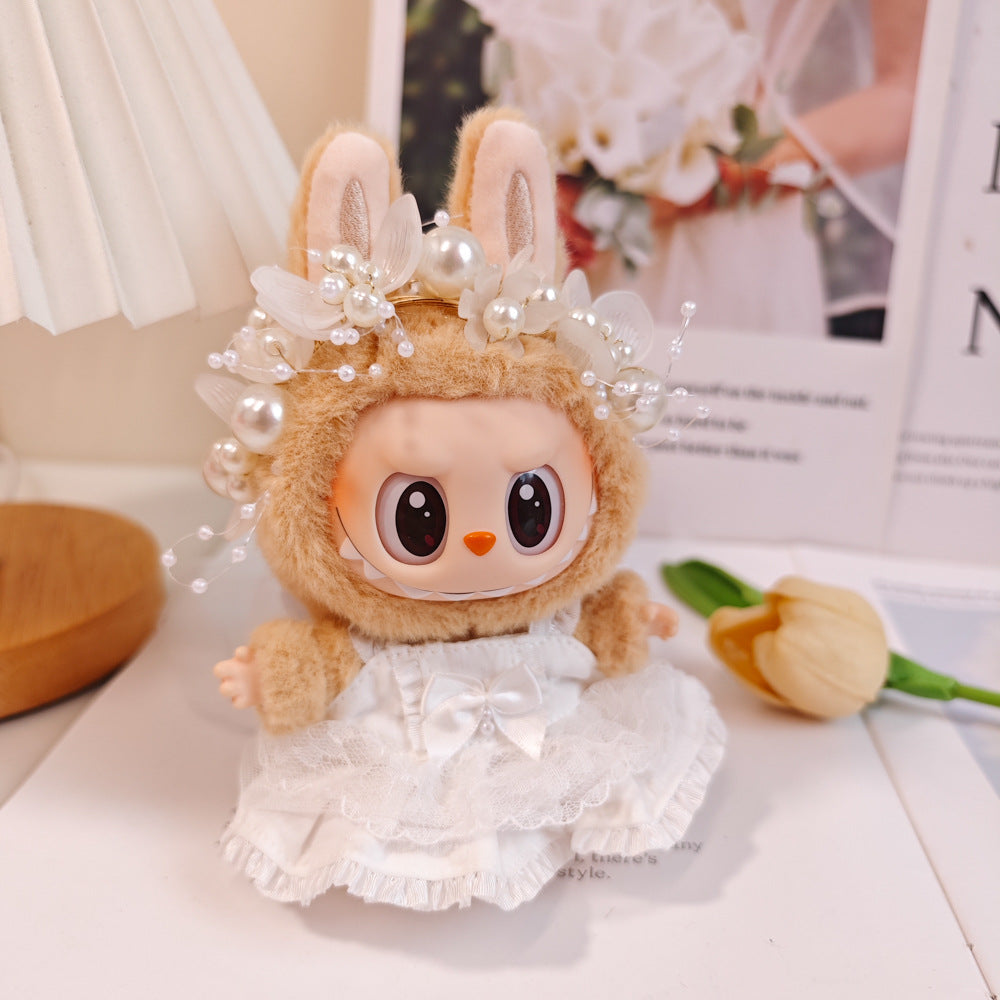 Pearl Headpiece on 17cm plush doll: white lace wedding dress with bow detail, pearl and crystal floral headpiece with trai...