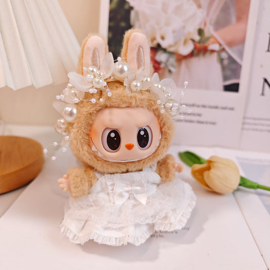 Pearl Headpiece on 17cm plush doll: white lace wedding dress with bow detail, pearl and crystal floral headpiece with trai...