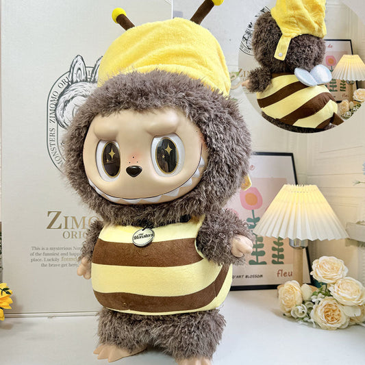 Bumblebee Plush Costume on 58cm plush doll: yellow and brown striped bumblebee bodysuit, plush yellow hood with antennae.